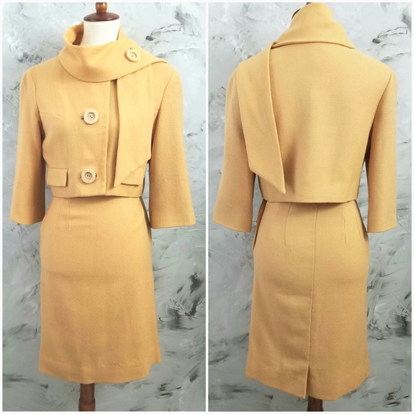Jackets & Blazers - VINTAGE 60's Mustard Gold Wool Skirt Suit